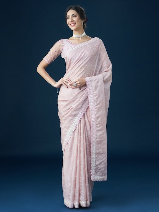 Light Pink Floral Print Foil Work Satin Silk Mahalasa Designer Saree