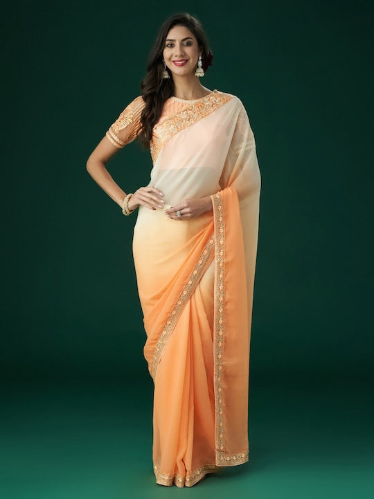 White-Peach Ombre Dyed Poly Georgette Saree With Floral Embroidery Border