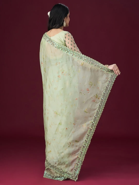 Pisrta Green Floral Printed Organza Mahlasa Daily Wear Saree