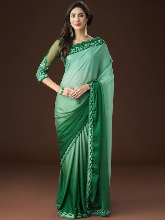 Green Ombre Poly Crape Fabric Floral Sequins Border Saree