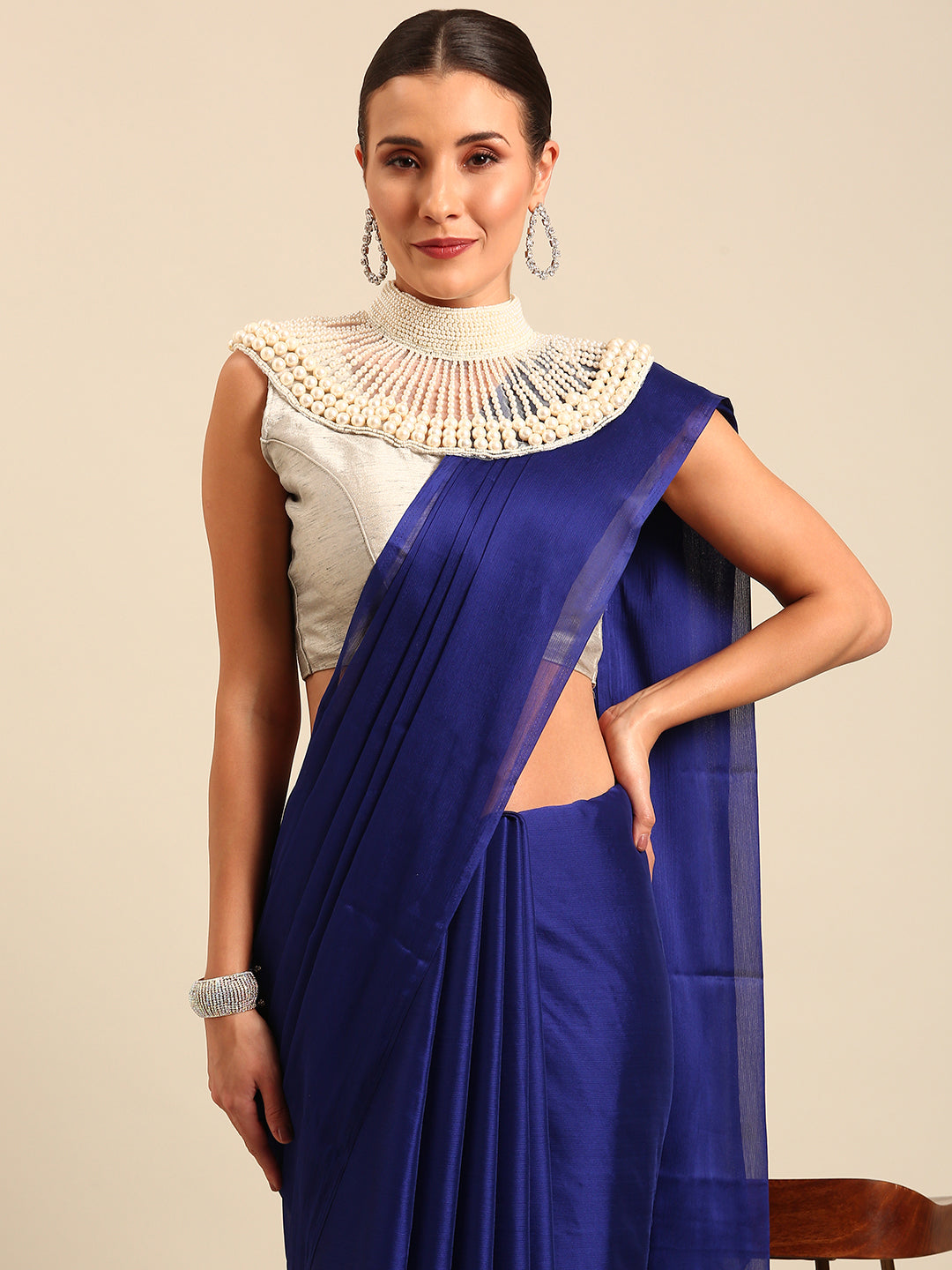 MAHALASA Blue Pure Chiffon Saree With Pearl Necklace