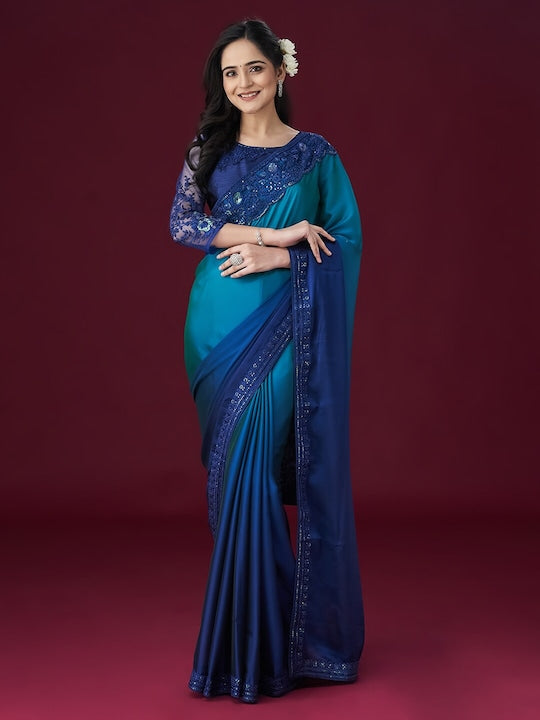 Blue &amp; Aqua Ombre Dyed Poly Crape Floral Sequins Border Saree