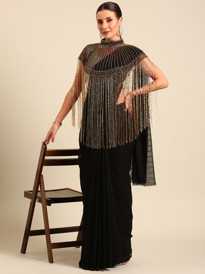 MAHALASA Glamour In Black Georgette Indo Western Saree With Heavy Poncho Necklace