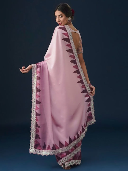 Pink Geometric Print Satin Silk Mahalasa Saree With Embellished Border