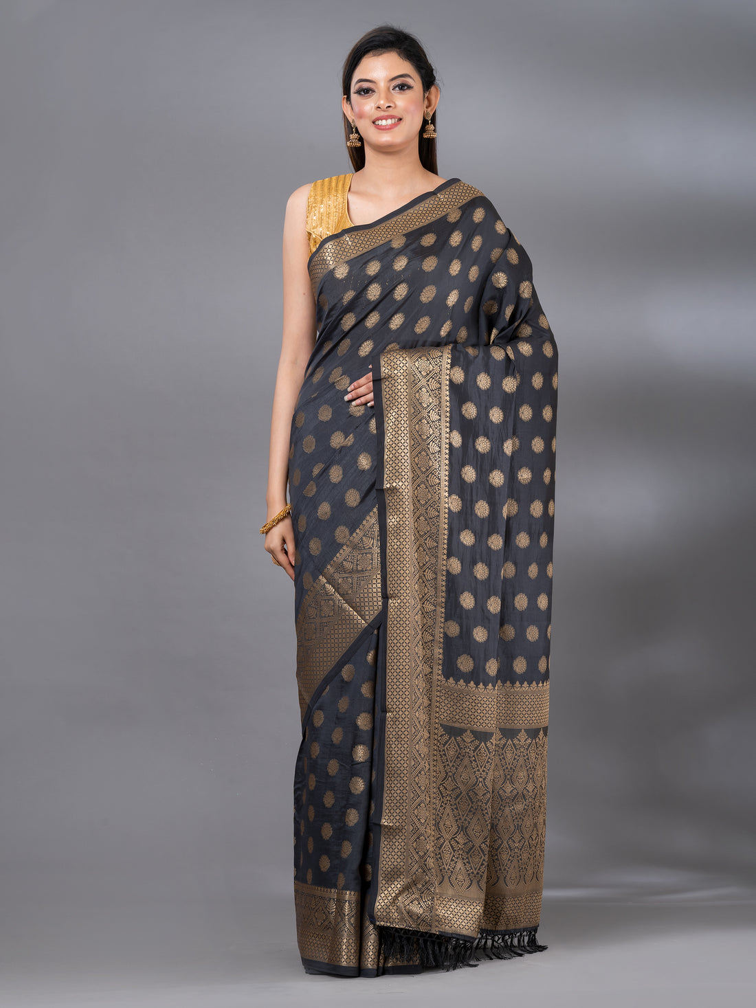 Grey &amp; Gold Silk Blend Banarasi fancy Mahalasa Saree