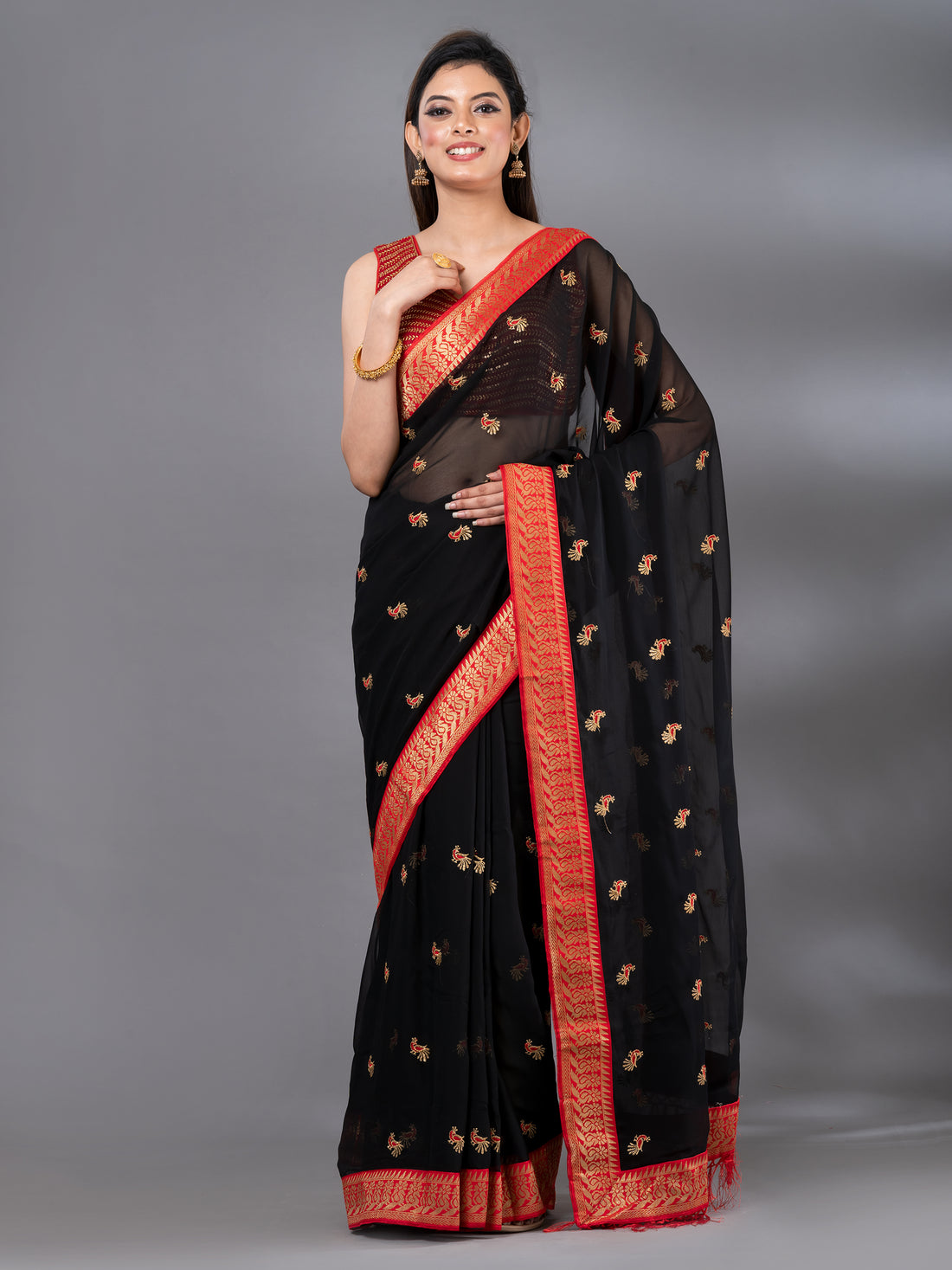 Red &amp; Black Georgette Fancy Saree