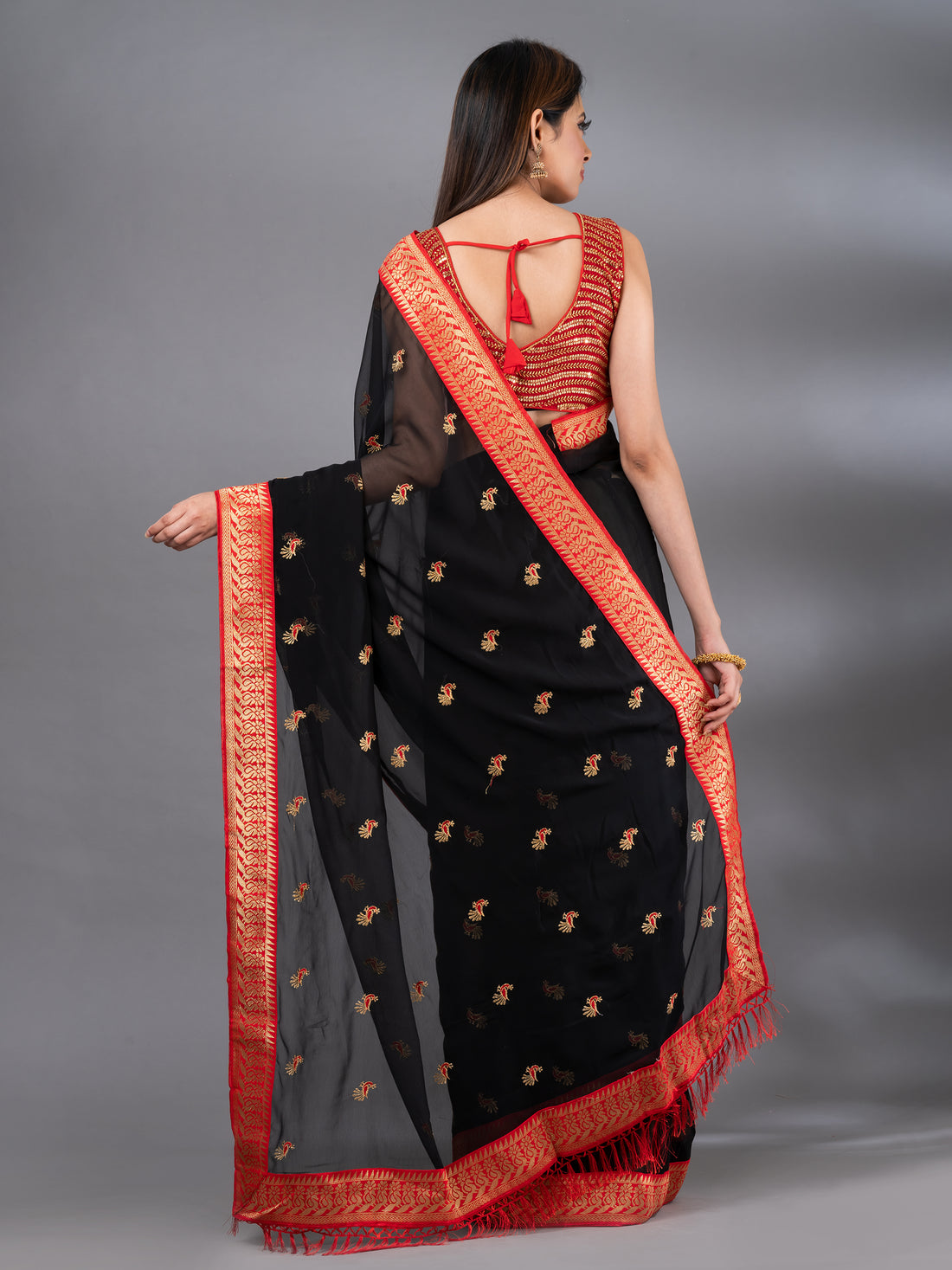 Red &amp; Black Georgette Fancy Saree