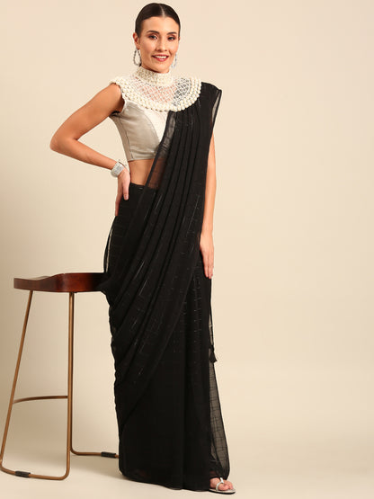 MAHALASA Black Georgette Embellished Pearl Necklace Saree