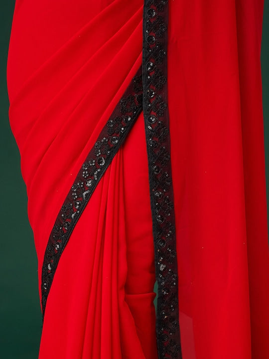 Red &amp; Black Solid Poly Georgette Fabric Floral Sequins Border Saree