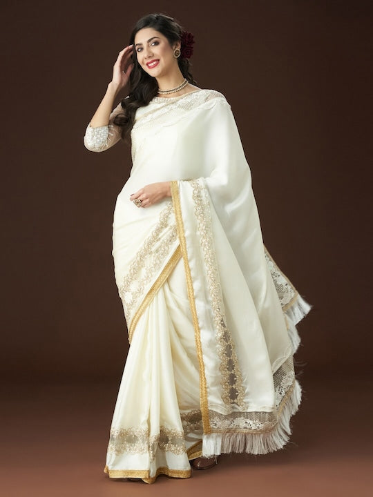 Gold Toned White Embellished Satin Designer Mahalasa Saree With Unstitched Blouse