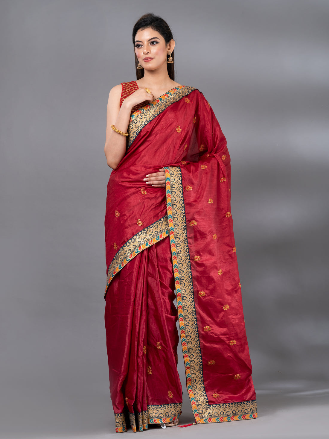 Maroon Art Silk Meena Work Party Wear Mahalasa Saree