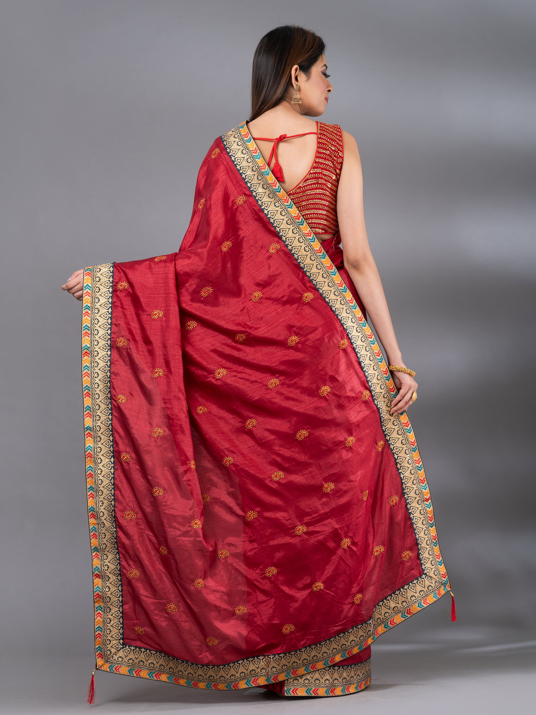 Buy Maroon Red Dola Silk Saree With Intricate Embroidery