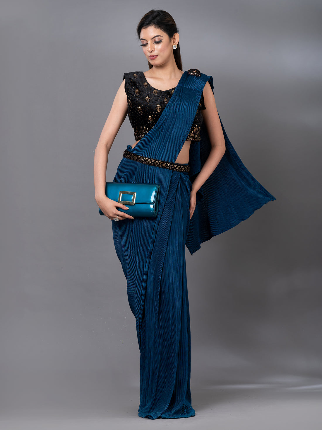 Steel Blue Crused Satin One Minute Saree