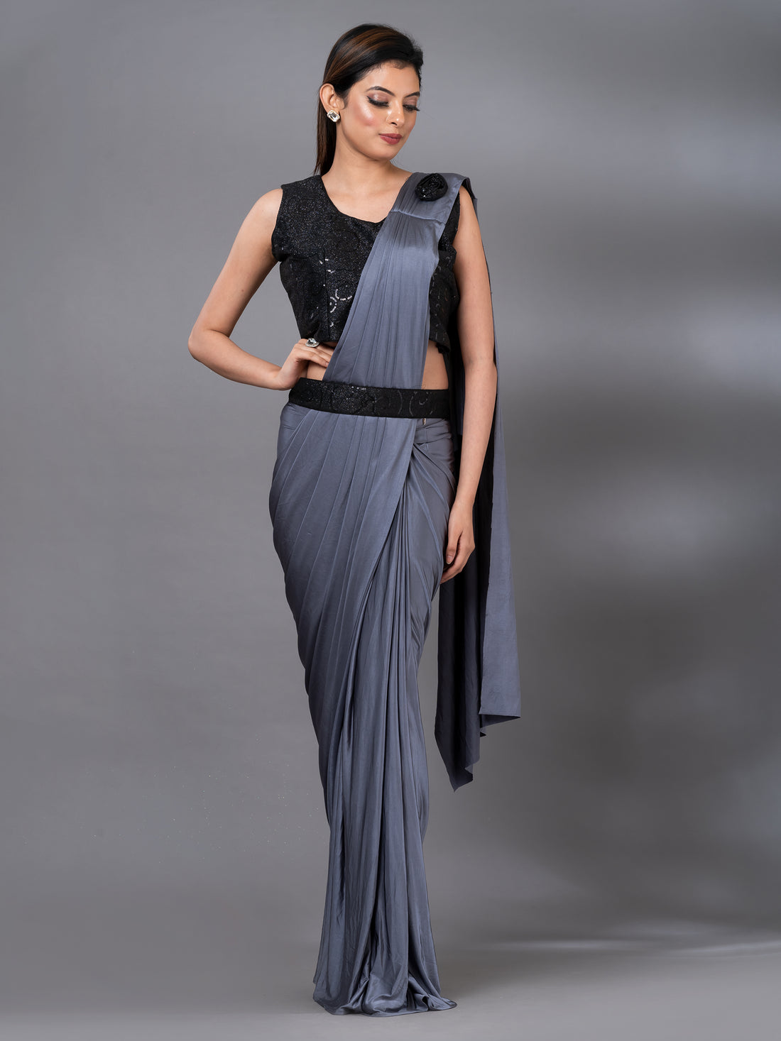 Charcoal Black and Grey Come With Belt Satin silk Fabric