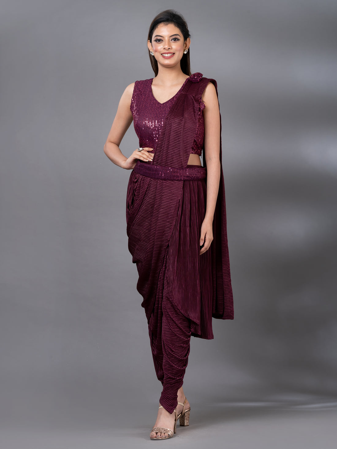 Wine Silk Ready to Wear Sequance Saree