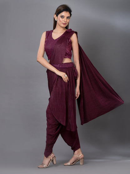 Wine Silk Ready to Wear Sequance Saree