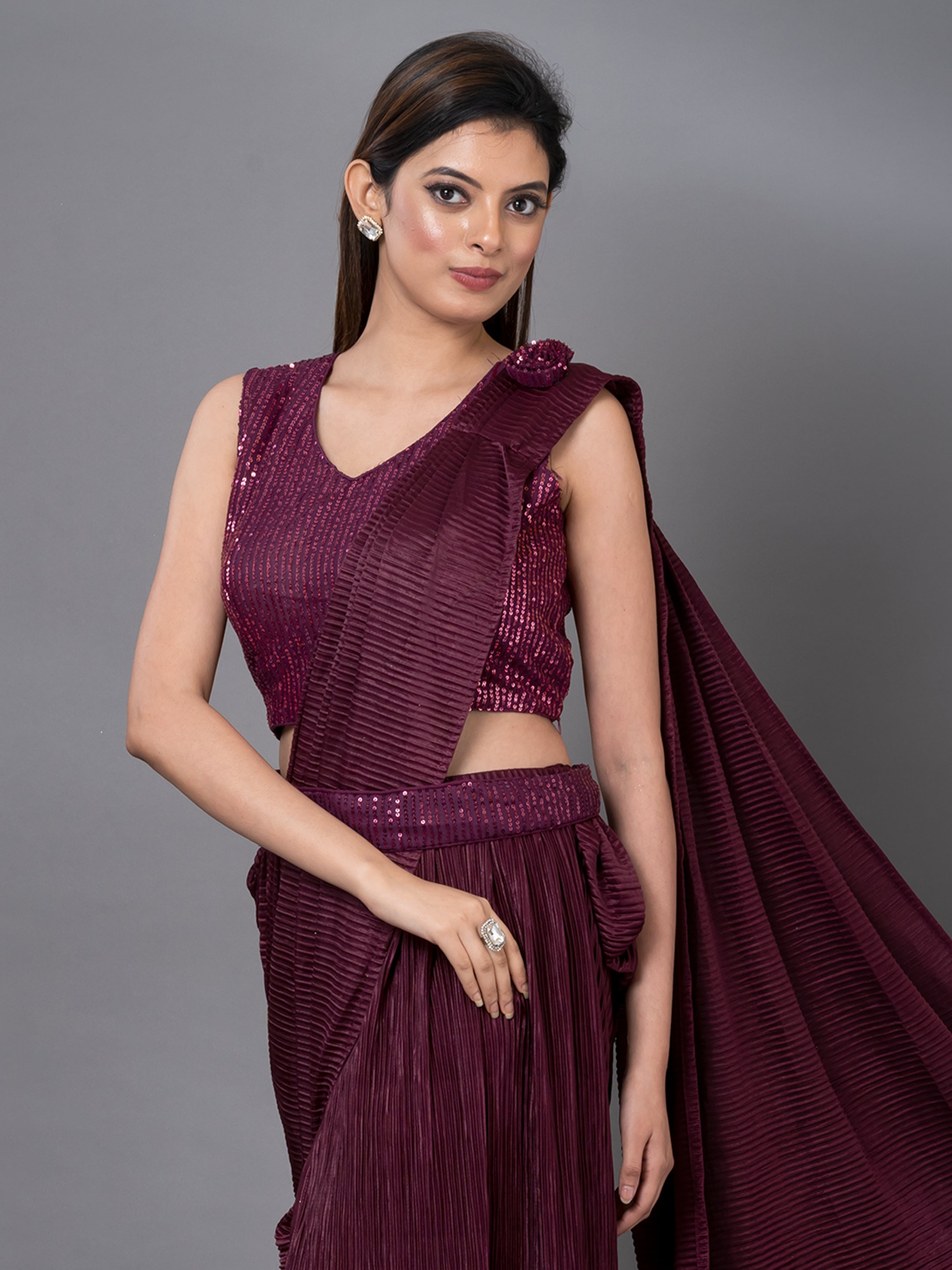 Wine Silk Ready to Wear Sequance Saree