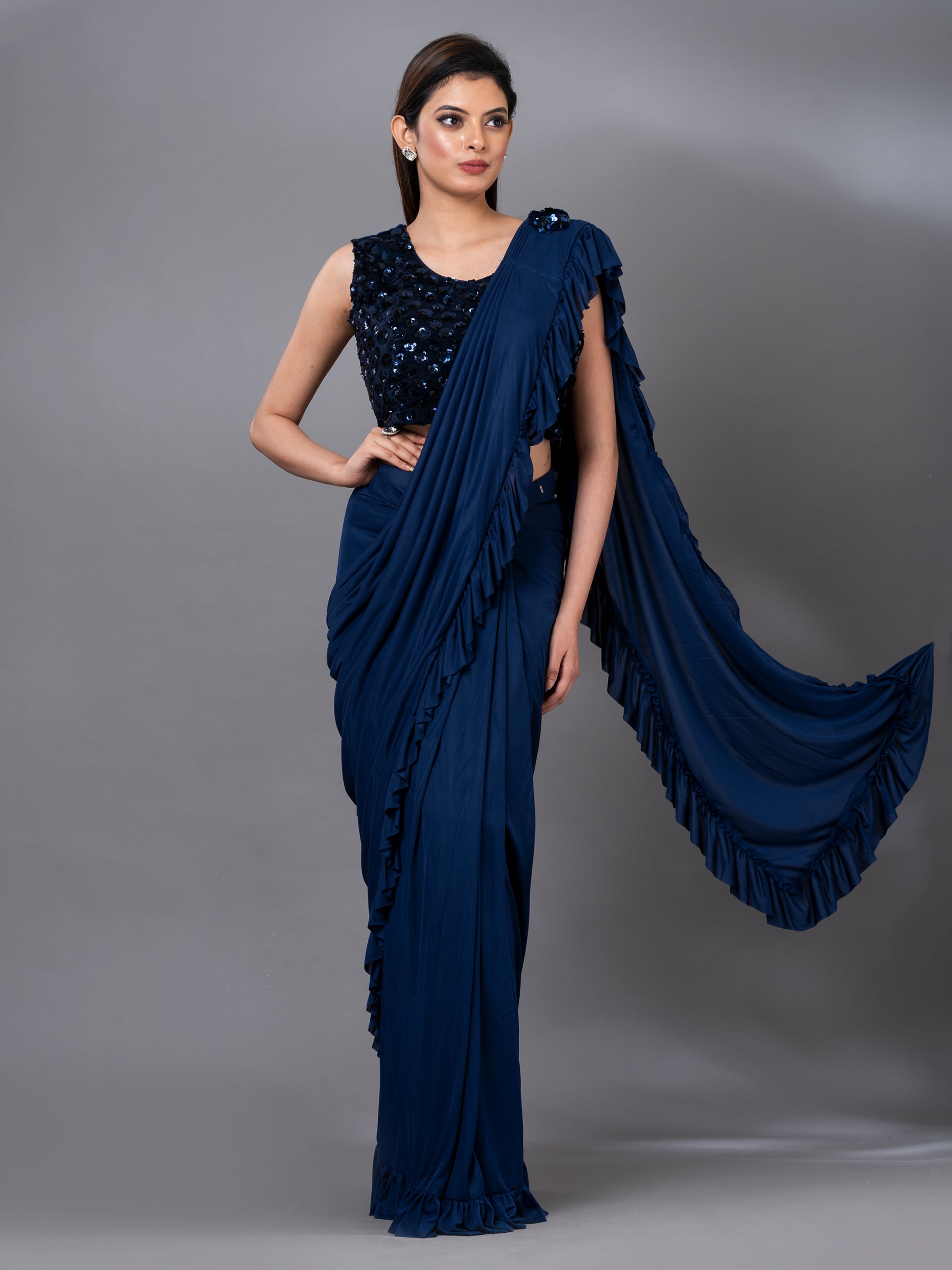 Navy blue embroidered satin saree with blouse - Brijraj - 3173030