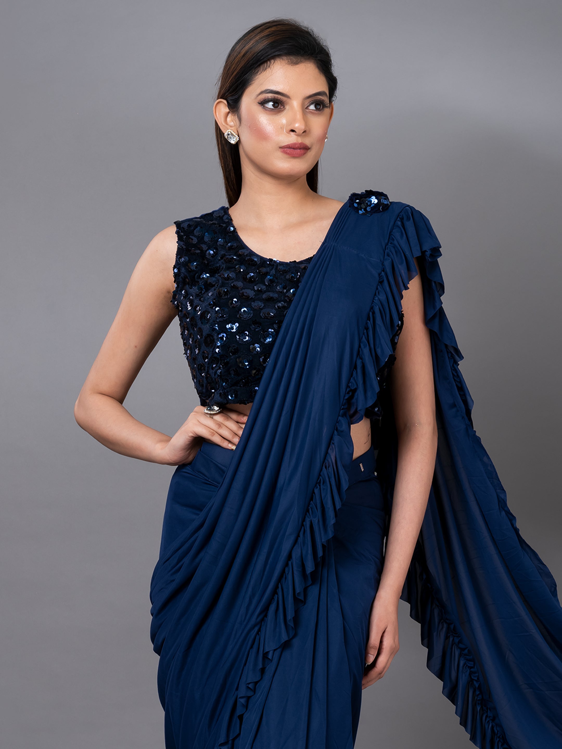 Buy BANARASI PATOLA Navy Blue Satin Silk Saree With All Over Floral  Jacquard Weave And Stone Work Embellished With Blouse Piece | Shoppers Stop