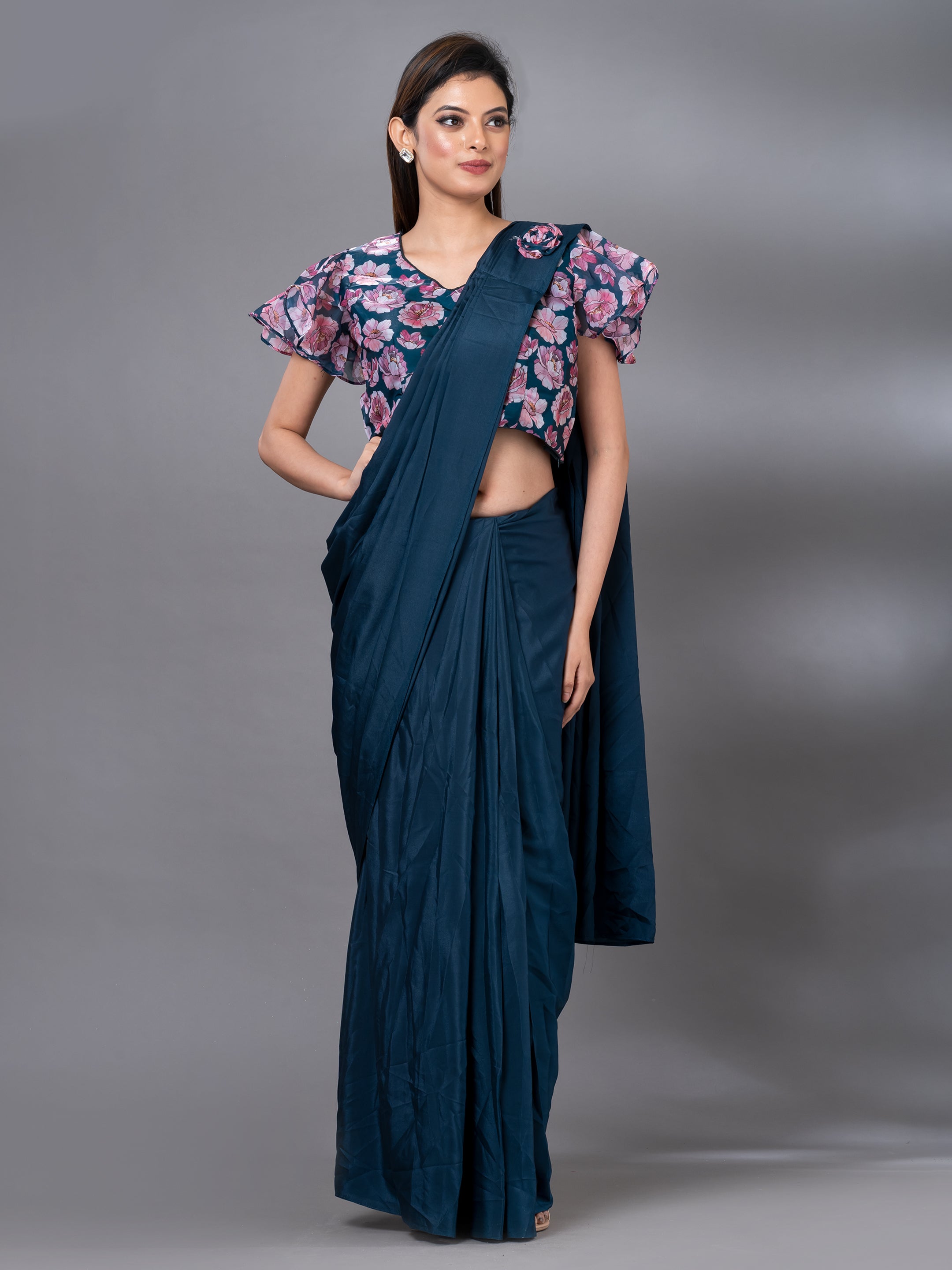 Powder Blue Ready to Wear One Minute Saree In Satin Silk - C