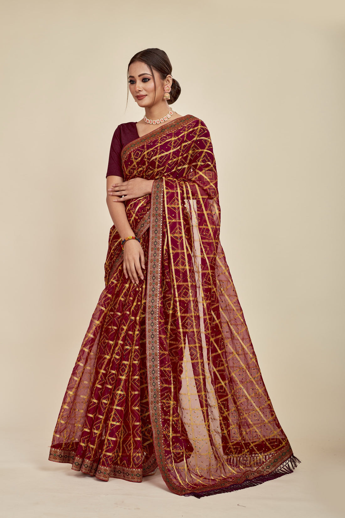 Maroon Casual  Pure Chiffon Bandhani Pattern Festive Wear Mahalasa Saree