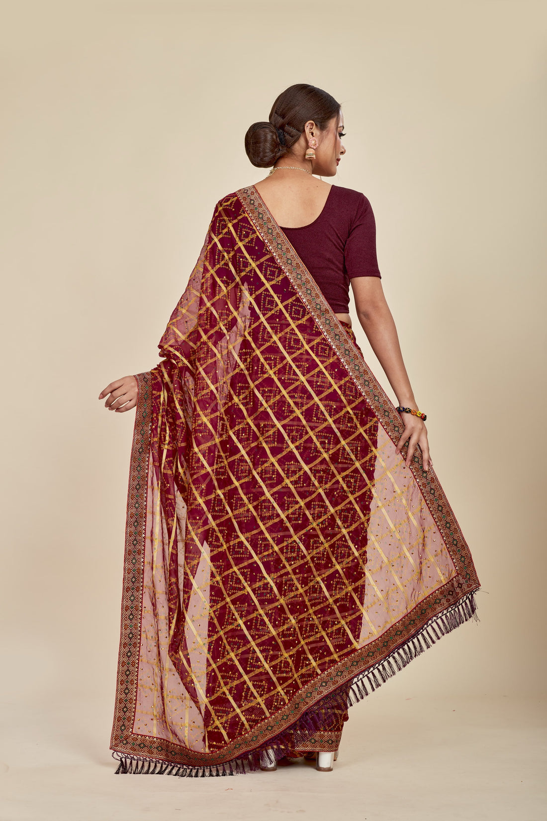 Maroon Casual  Pure Chiffon Bandhani Pattern Festive Wear Mahalasa Saree