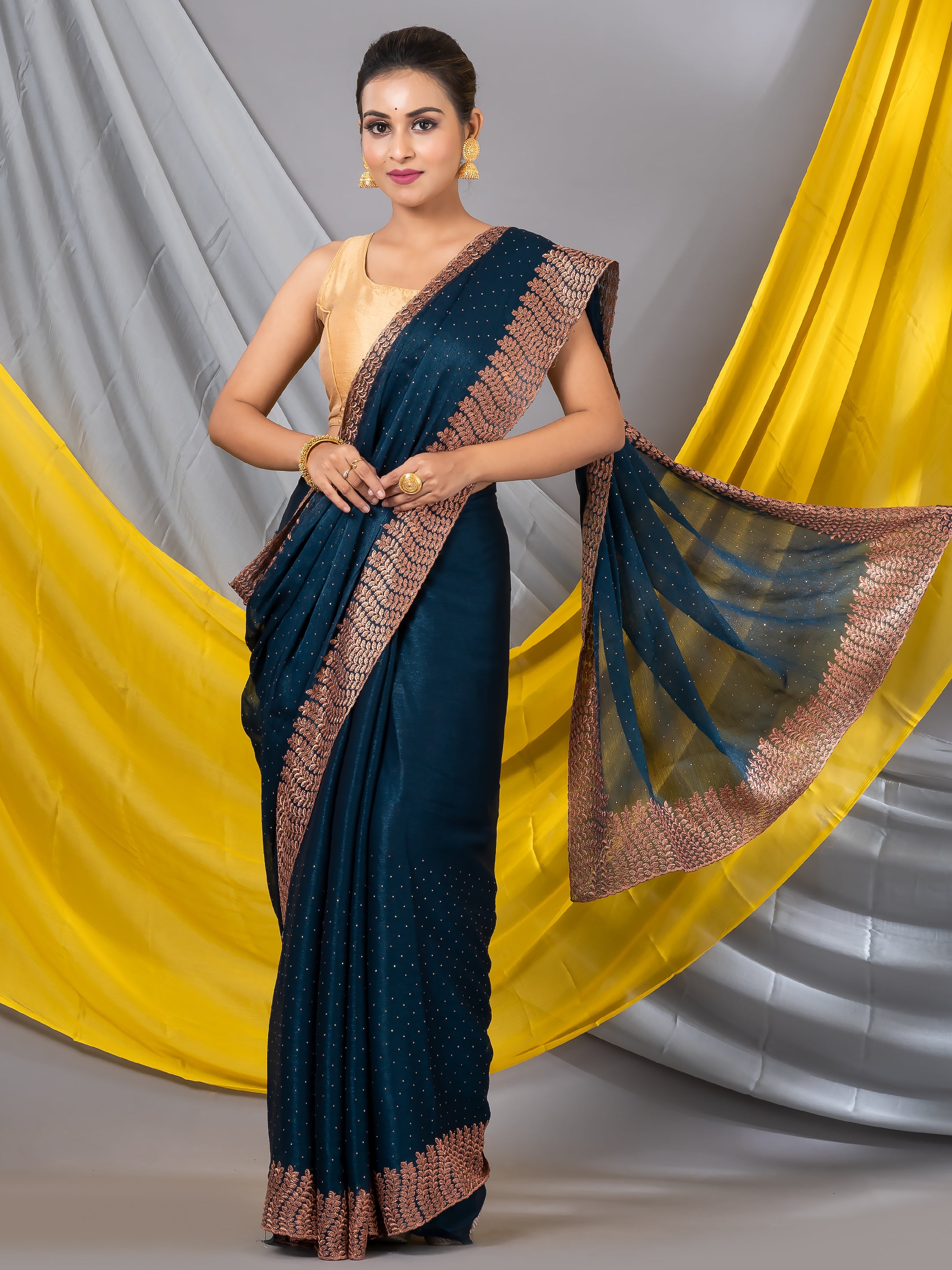 Petrol Color Embroidered Designer Saree With Unstitched Blouse – Saree ...