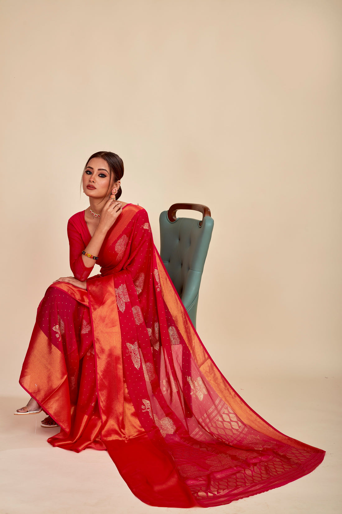 Red Moss Chiffon Daily Wear Saree