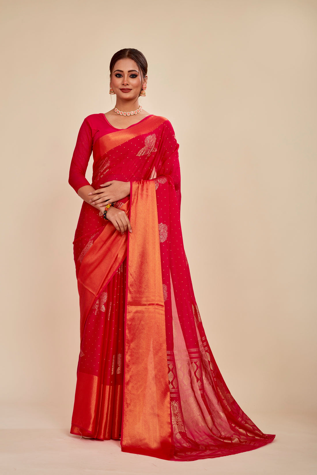 Red Moss Chiffon Daily Wear Saree