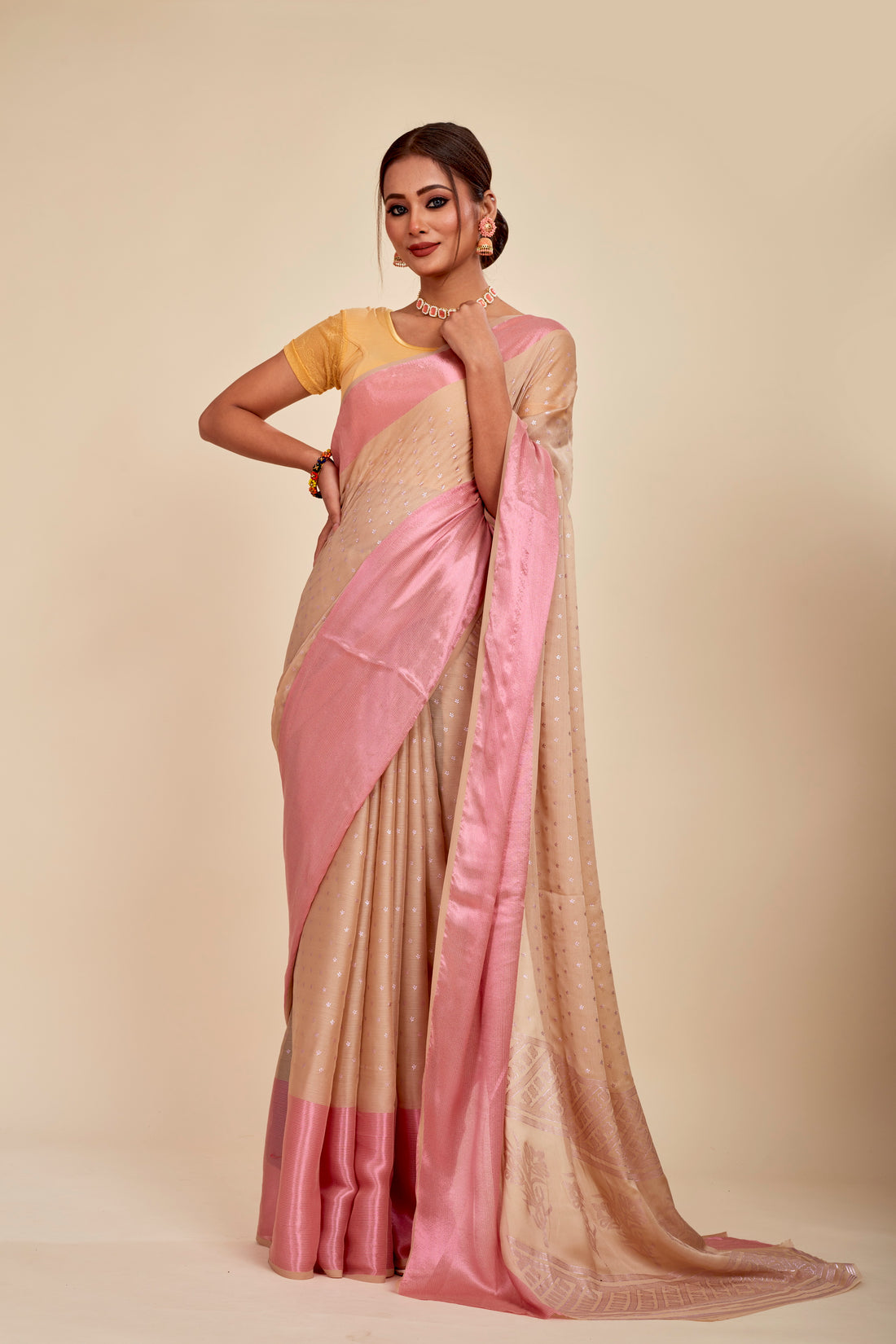 Biscuit art silk Mahalasa saree with rose gold rich pallu