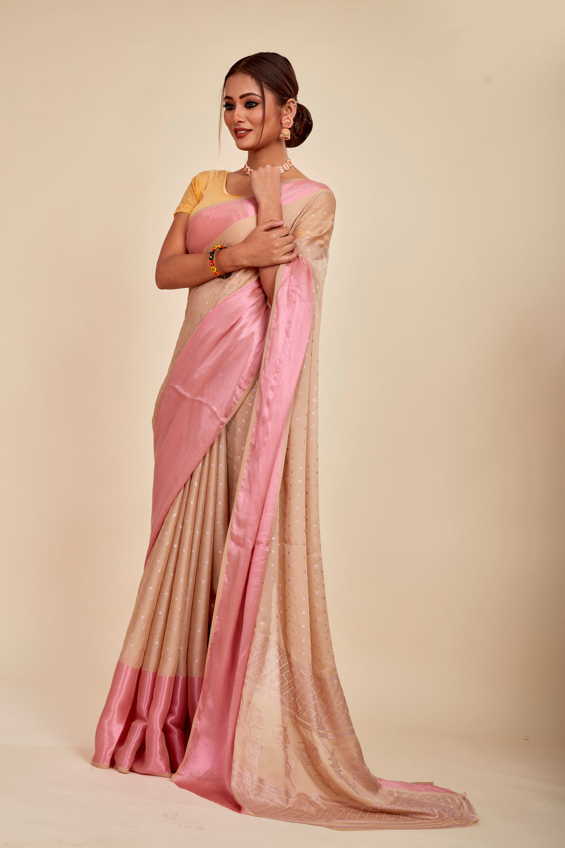 Biscuit art silk Mahalasa saree with rose gold rich pallu