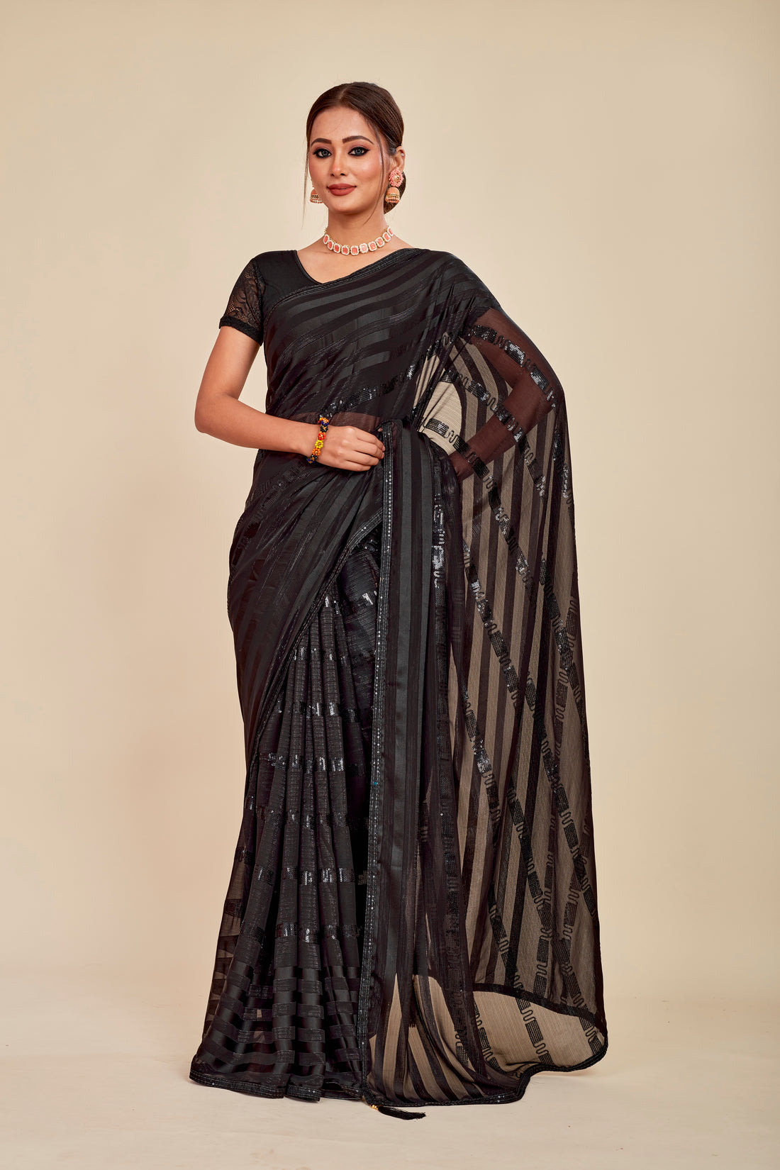 Coal Black striped sequins georgette Mahalasa saree - small border