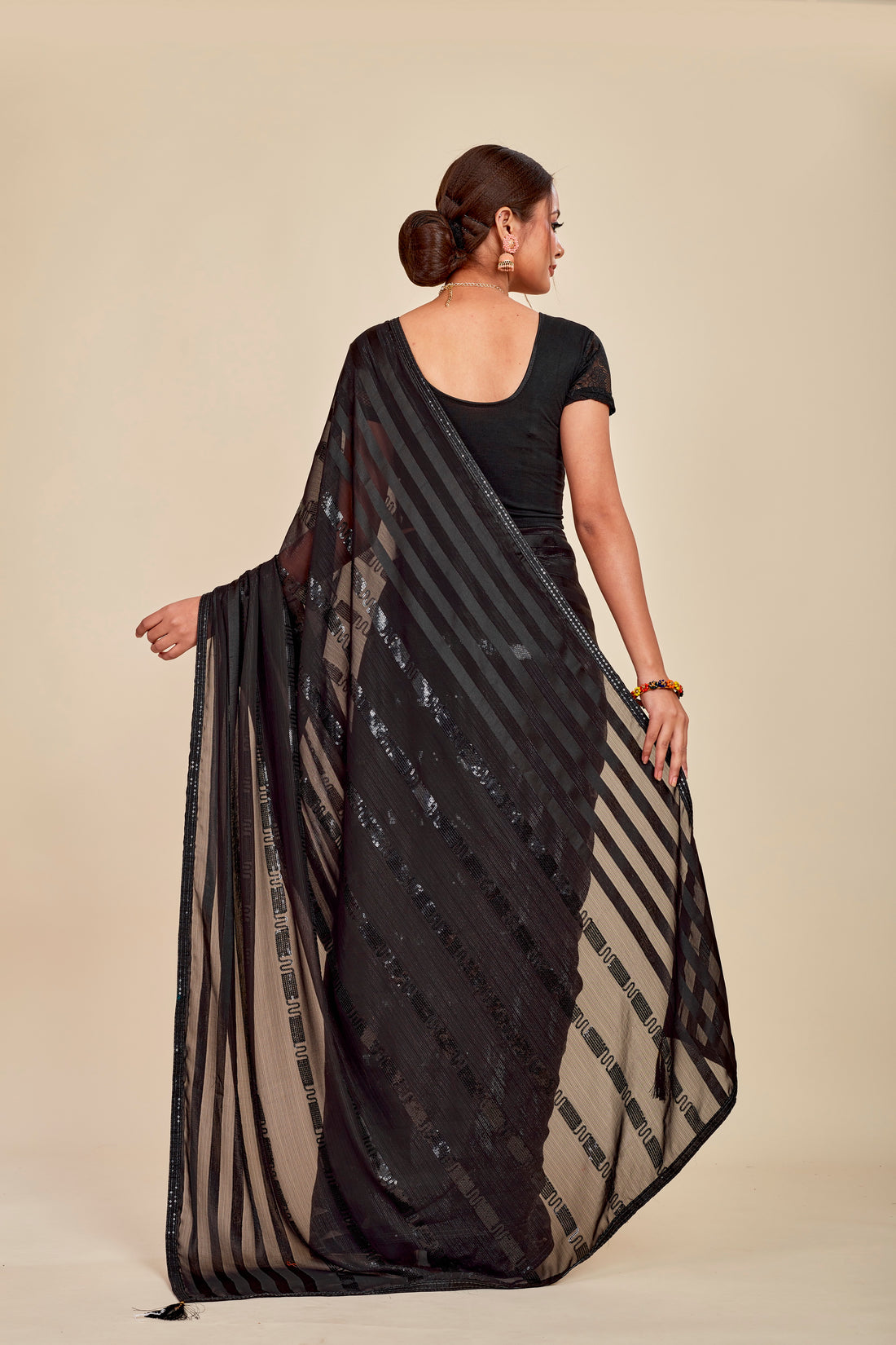 Coal Black striped sequins georgette Mahalasa saree - small border