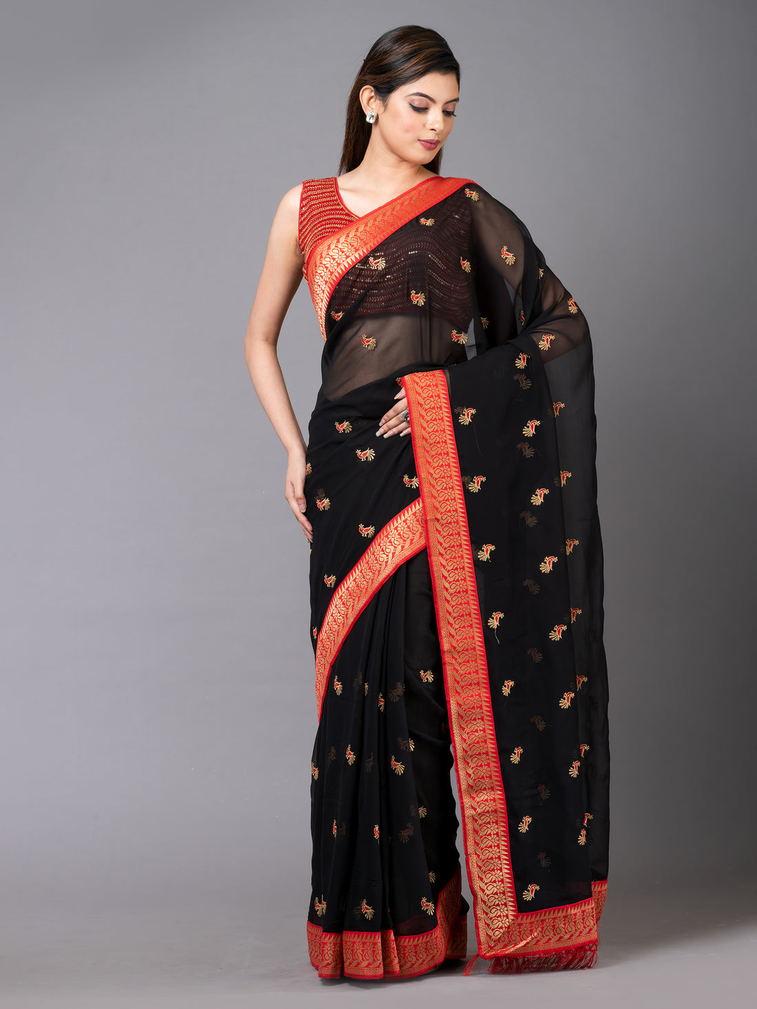 Black Casual Georgette Mahalasa Saree with peacock motifs