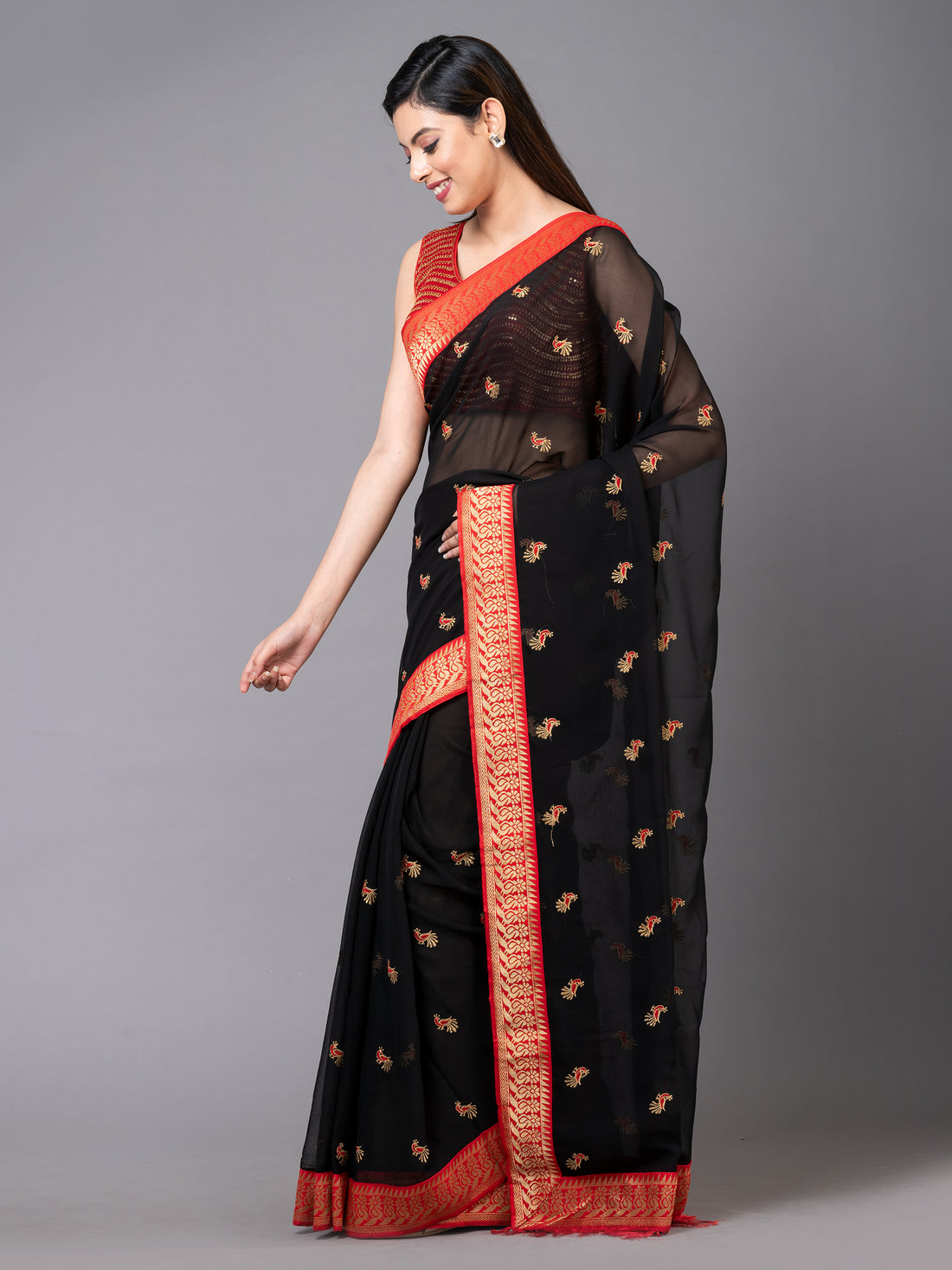 Black Casual Georgette Mahalasa Saree with peacock motifs