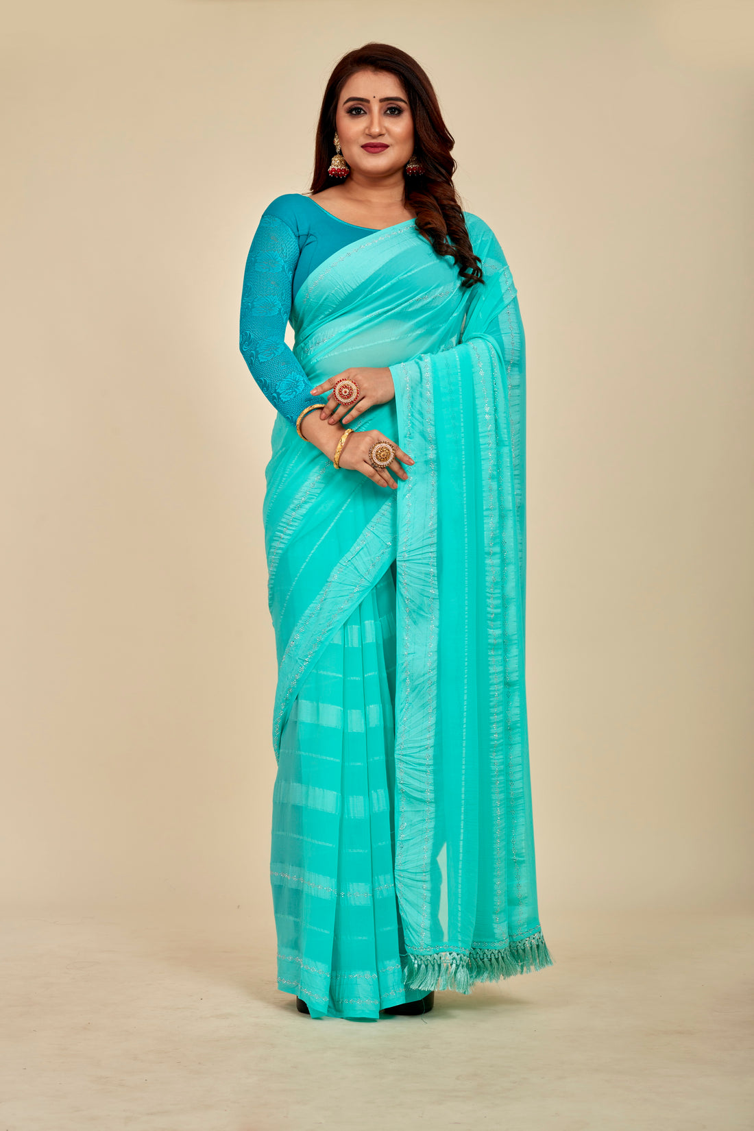 Aquamarine Blue satin Stripes Georgette Mahalasa Saree - Swarovski work