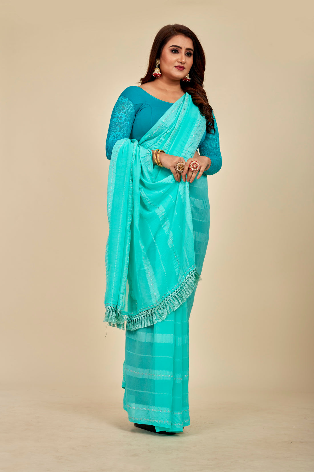 Aquamarine Blue satin Stripes Georgette Mahalasa Saree - Swarovski work