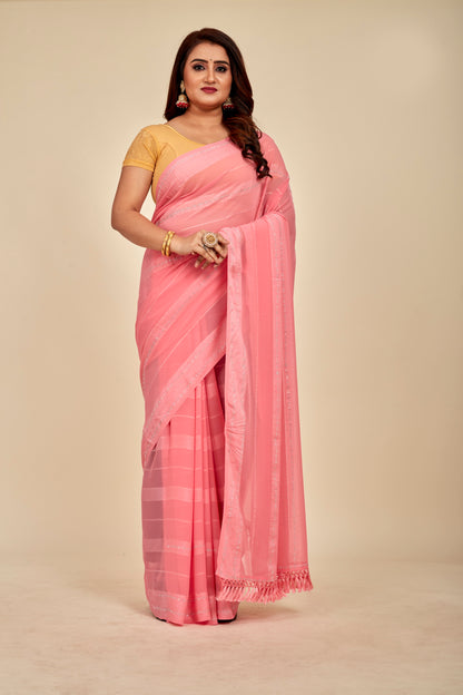 Coral pink satin Stripes Georgette Mahalasa Saree with satin Swarovski border and stripes with fine Swarovski work and jhalar fringe