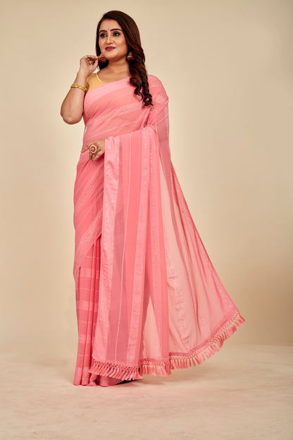 Coral pink satin Stripes Georgette Mahalasa Saree with satin Swarovski border and stripes with fine Swarovski work and jhalar fringe