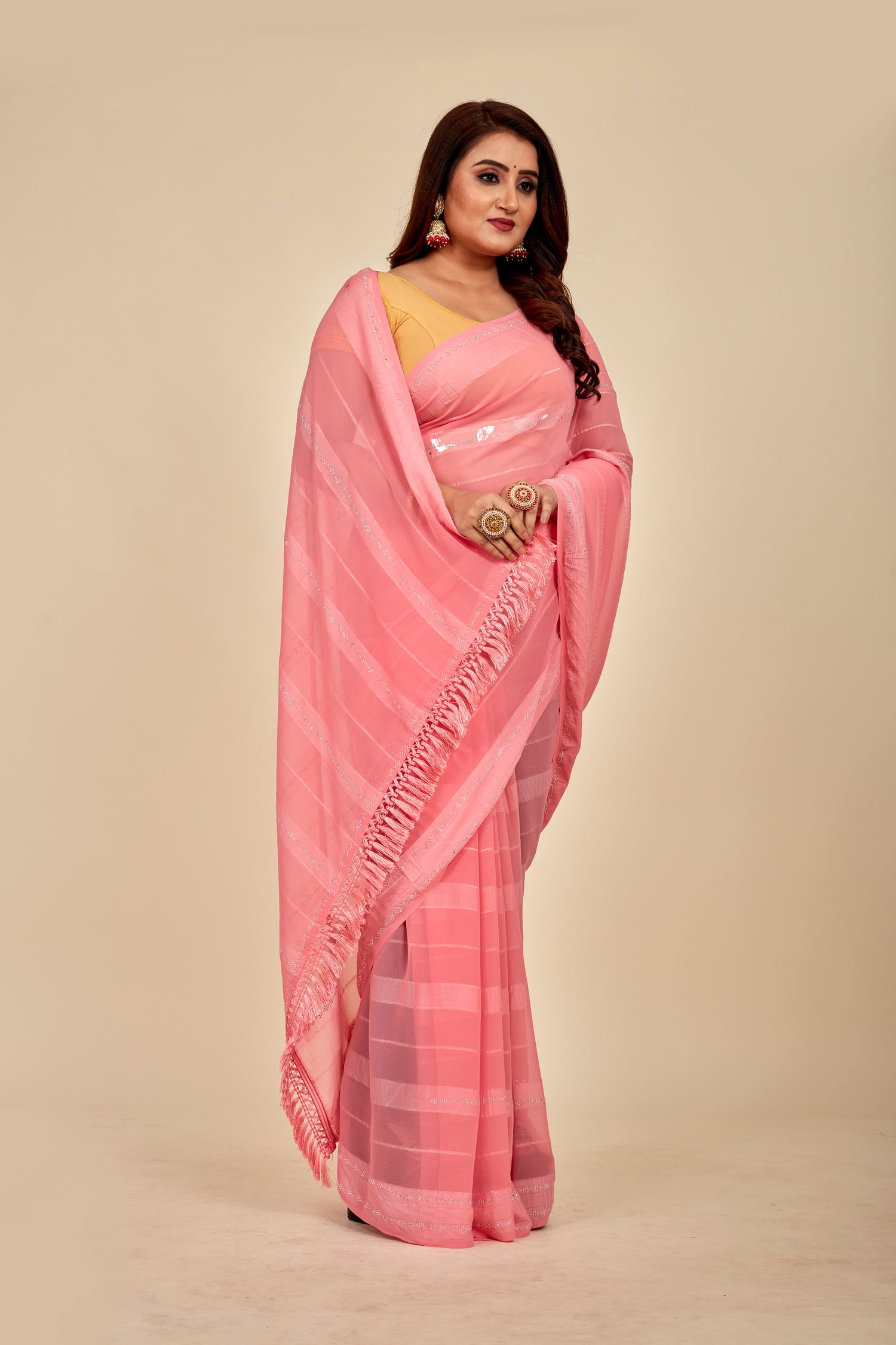 Coral pink satin Stripes Georgette Mahalasa Saree with satin Swarovski border and stripes with fine Swarovski work and jhalar fringe