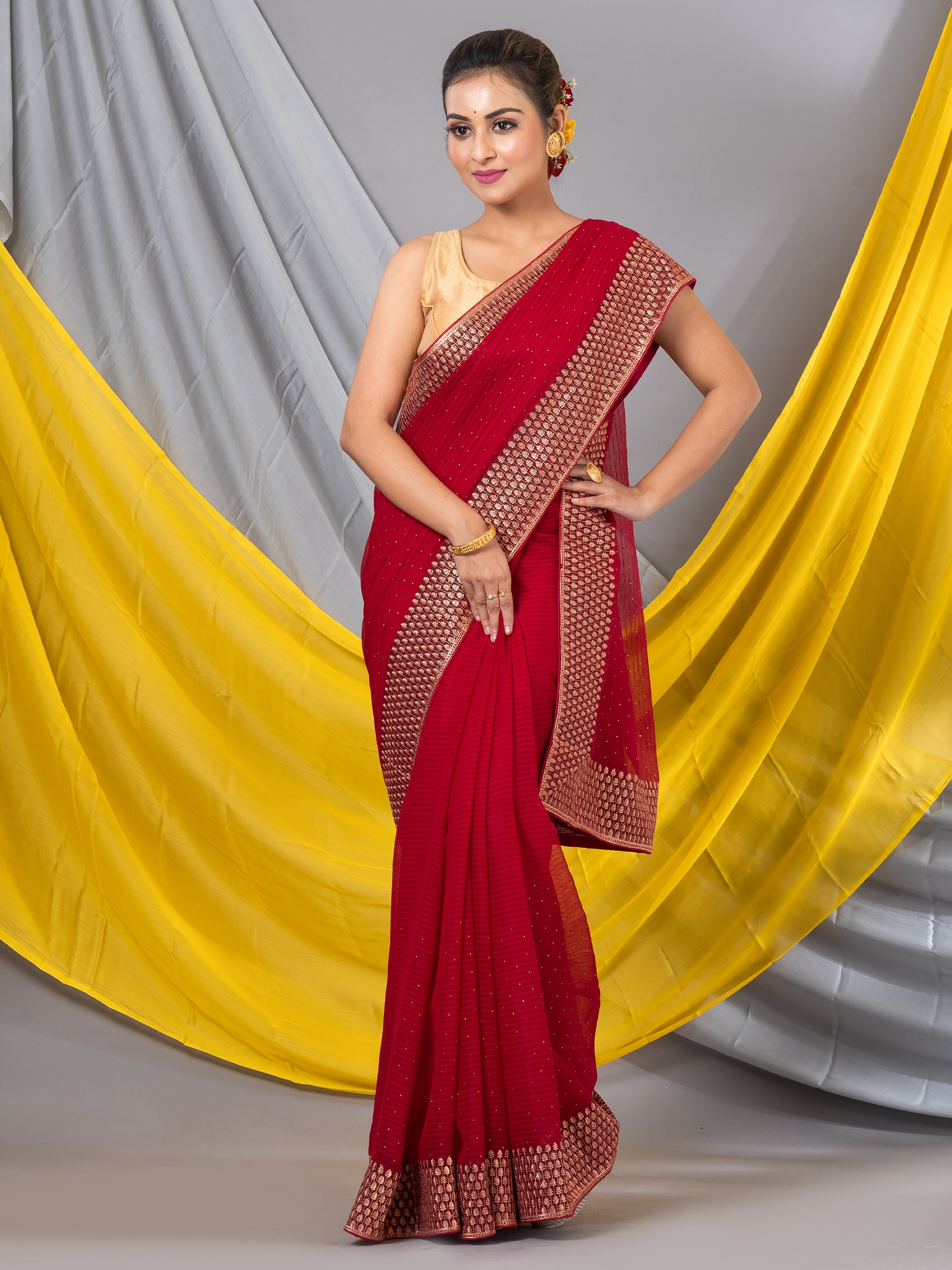 Printed Chiffon Shimmer Saree in Maroon : SKK37393