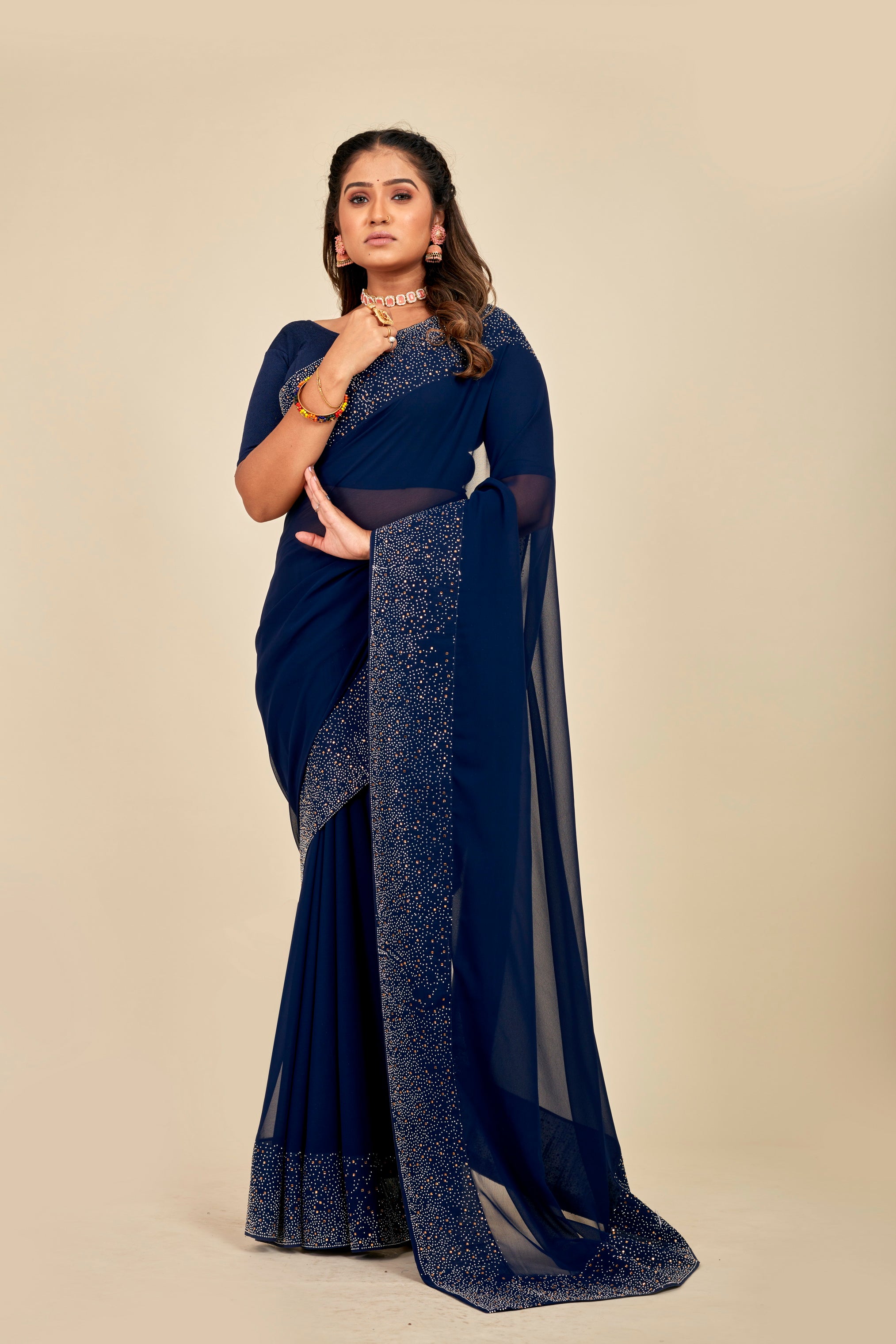 Navy Blue Women's Premium Italian Silk Fancy Print Uniform Sarees With