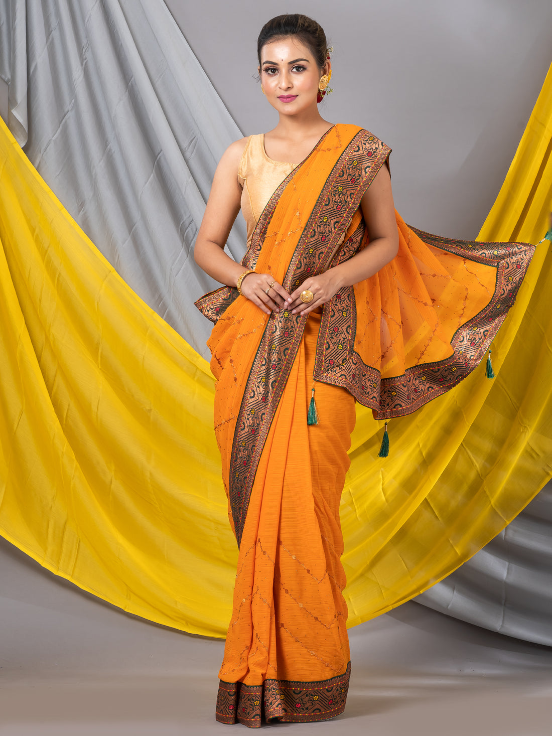 Orange Goregette Geometric pattern Designer Mahalasa Saree