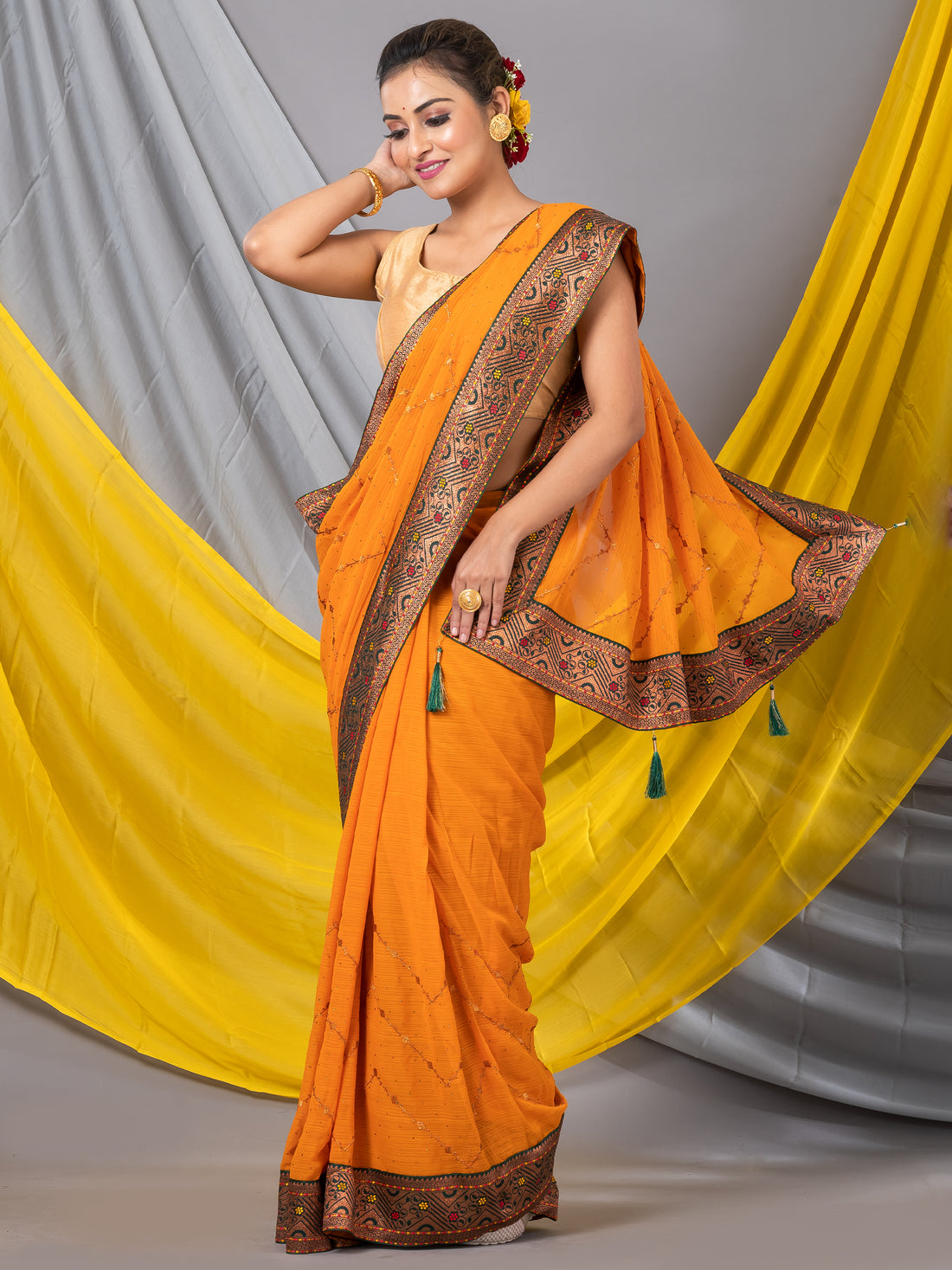 Orange Goregette Geometric pattern Designer Mahalasa Saree