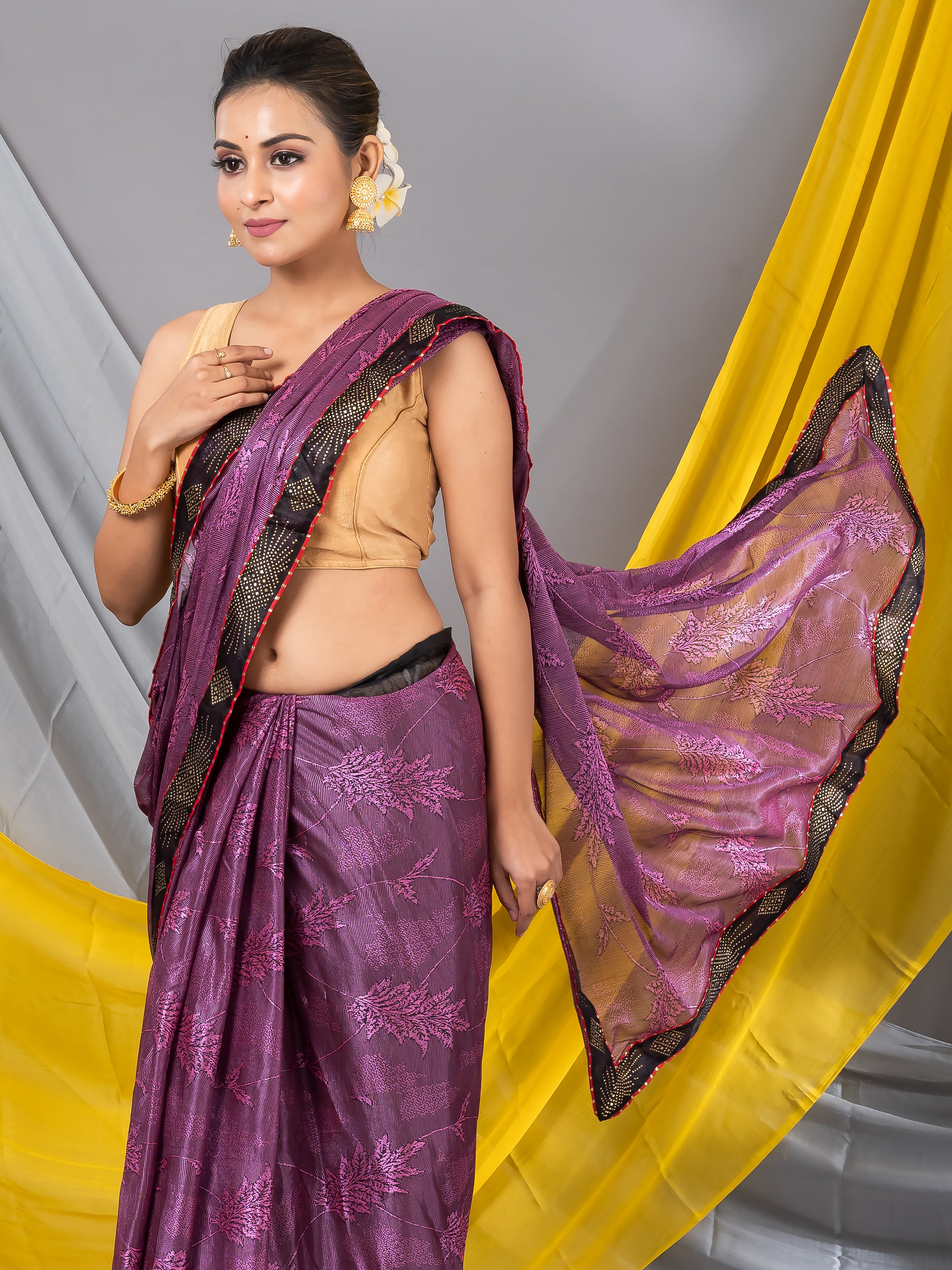 Wine Solid Designer Saree Aesthetic