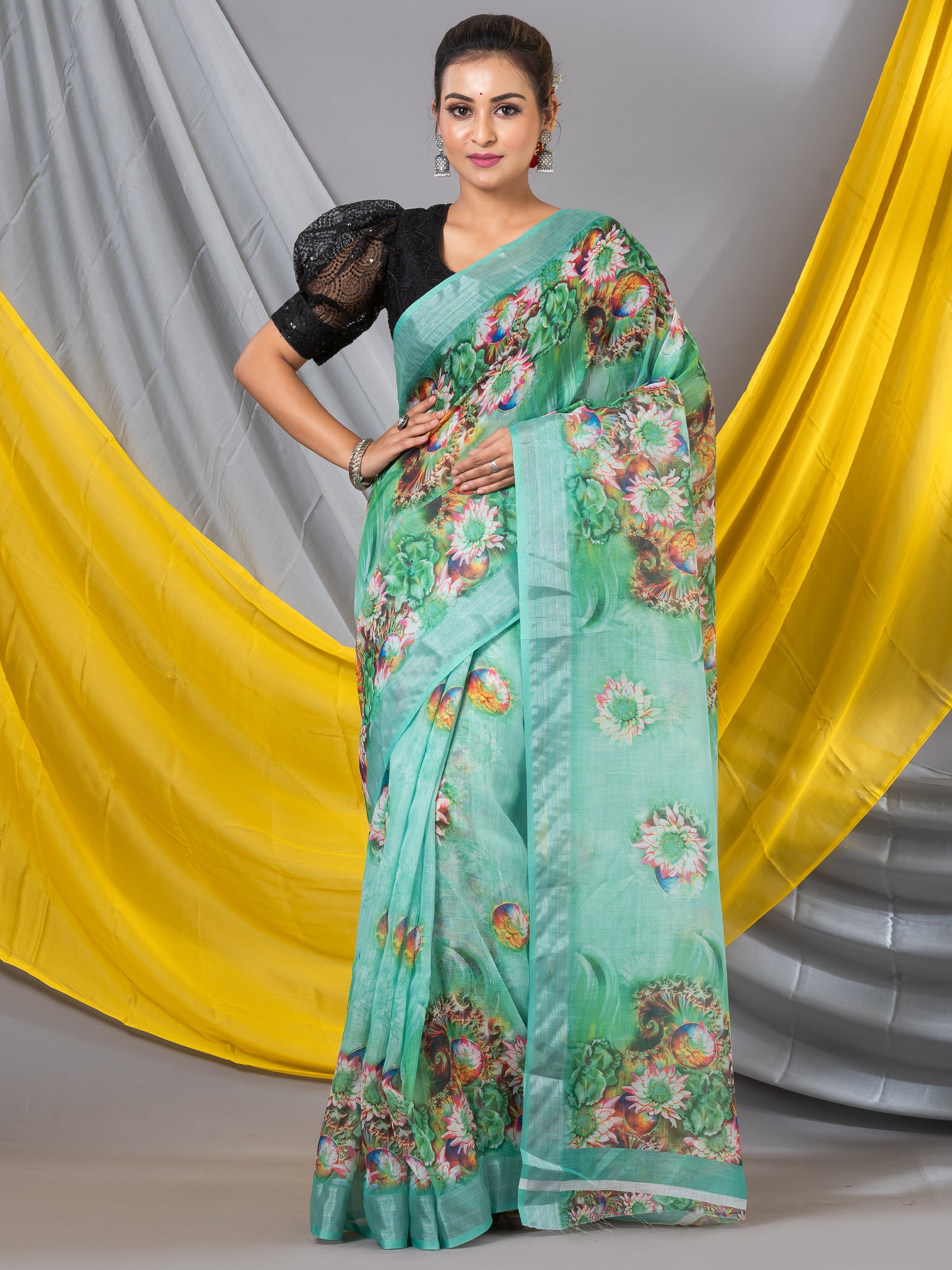 Banarasee Organza Silk Saree With Digital Floral Print & Zari Border-B