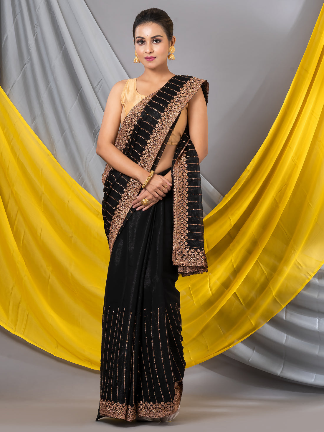 Black Zari Embroidery Stripes With Fancy Stone Mahalasa Saree