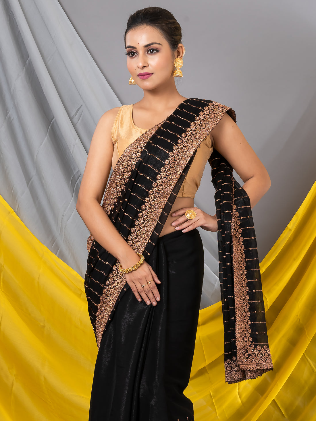 Black Zari Embroidery Stripes With Fancy Stone Mahalasa Saree