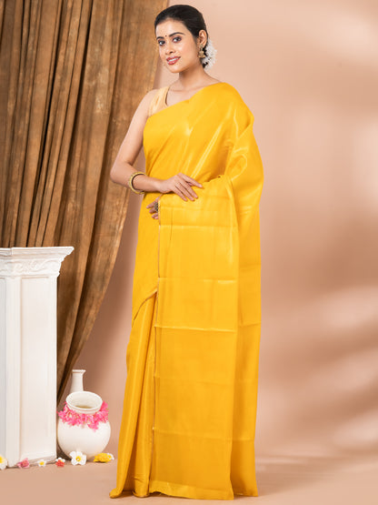 Yellow Color Solid Raw Slik Saree