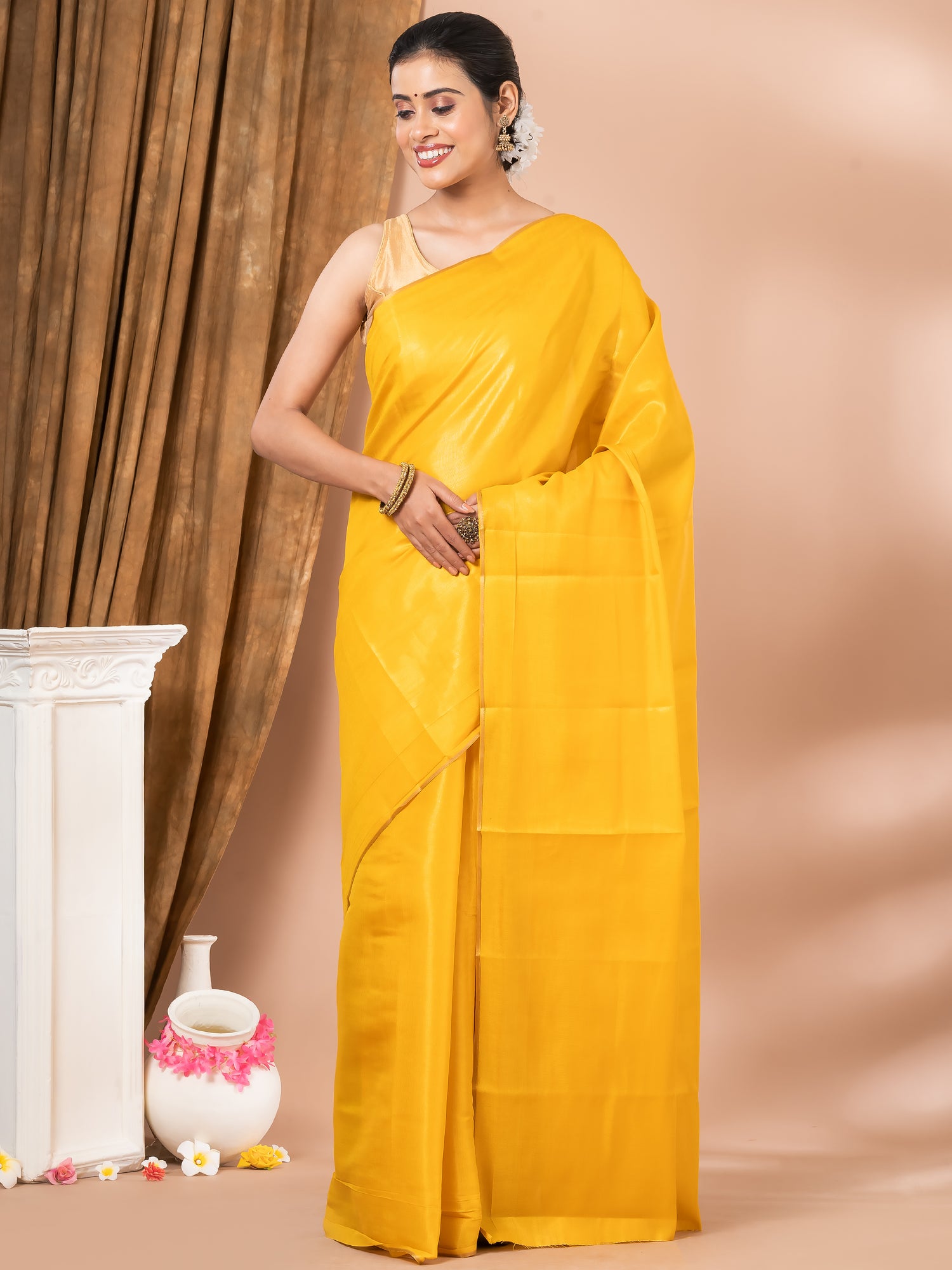 Yellow Color Solid Raw Slik Saree